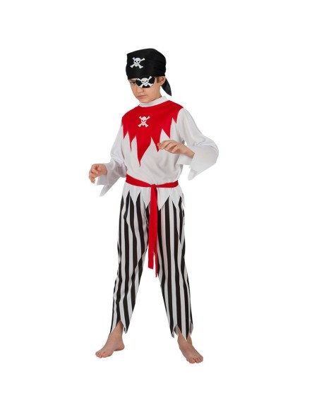 Costume corsaro dei mari bambino con camicia bianca, gilet rosso, pantaloni righe e bandana nera