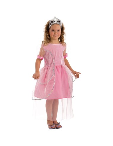 Costume principessa rosa con paillettes brillanti, gonna in tulle e corona argentata per bambina