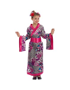 Costume kimono giapponese bambina con motivi floreali fucsia e fascia capelli orientale