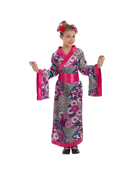 Costume kimono giapponese bambina con motivi floreali fucsia e fascia capelli orientale