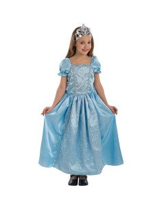 Bambina indossa costume principessa azzurro con decorazioni argento e corona, vestito lungo da fiaba