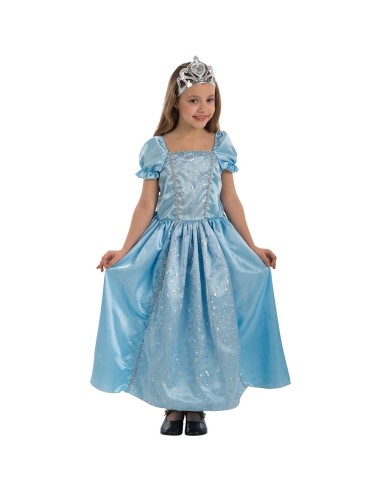 Costume principessa azzurro con decorazioni argento e corona per bambina, gonna ampia e maniche a sbuffo