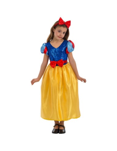 Costume Biancaneve bambina con corpetto blu paillettes gonna gialla e fiocco rosso capelli