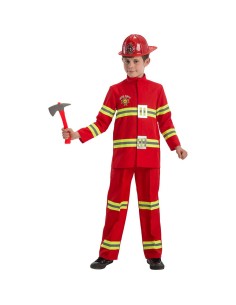 Costume pompiere rosso bambino con giacca, pantaloni, cappello e ascia giocattolo