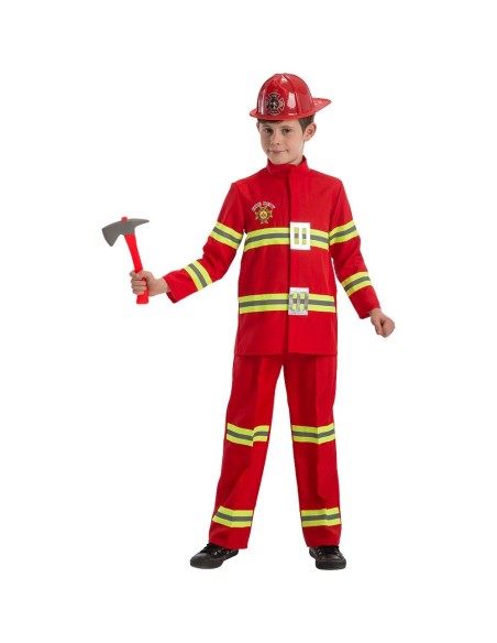 Costume pompiere rosso bambino con giacca, pantaloni, cappello e ascia giocattolo