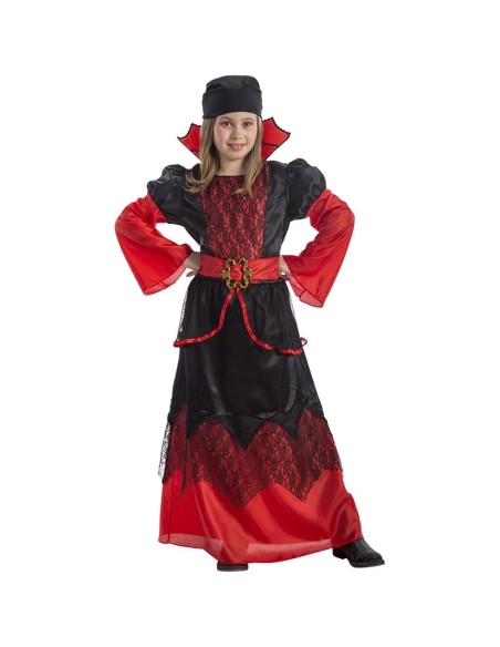 Costume piratessa bambina con abito lungo rosso nero e maniche ampie per feste tema