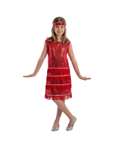 Costume charleston rosso con paillettes e frange per bambina con fascia coordinata anni '20