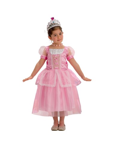 Bambina con costume principessa rosa in tulle con pizzo bianco, maniche a sbuffo e corona dorata