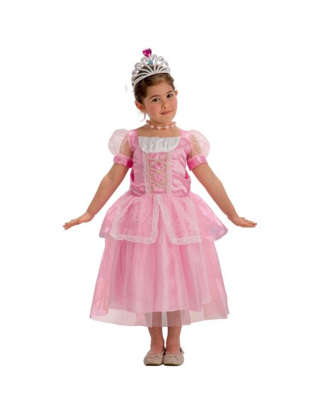 Bambina con costume principessa rosa in tulle con pizzo bianco, maniche a sbuffo e corona dorata