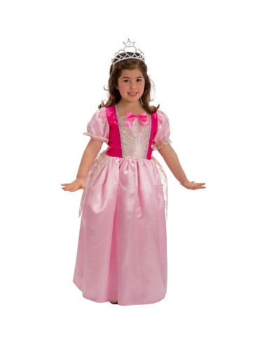Bambina con costume principessa rosa e fucsia con gonna lunga e corona per feste