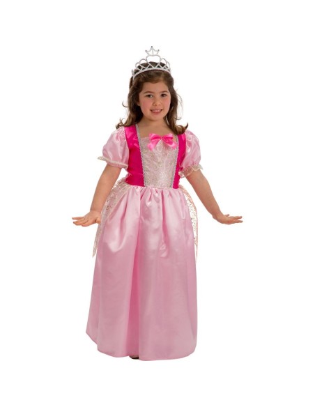 Bambina con costume principessa rosa e fucsia con gonna lunga e corona per feste