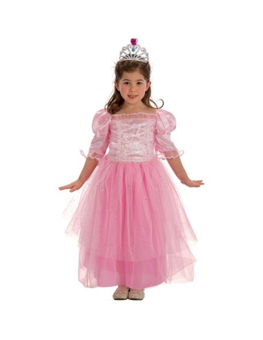 Bambina indossa costume principessa rosa con corpetto raso e gonna tulle, corona sulla testa