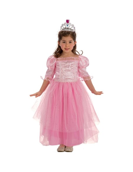Bambina indossa costume principessa rosa con corpetto raso e gonna tulle, corona sulla testa