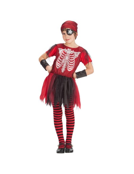 Costume zombie corsara bambina con maglia scheletrica rossa, gonna tulle nera, calze righe e bandana