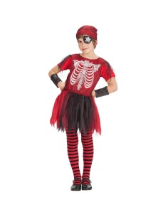 Costume zombie corsara bambina rosso nero con tutu fascia pirata benda occhio collant righe Halloween