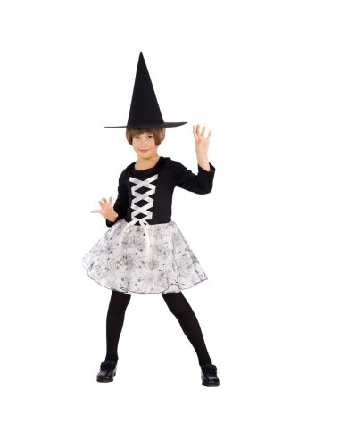 Costume strega bianca bambina con gonna stellata, corpetto nero e cappello a punta per Halloween