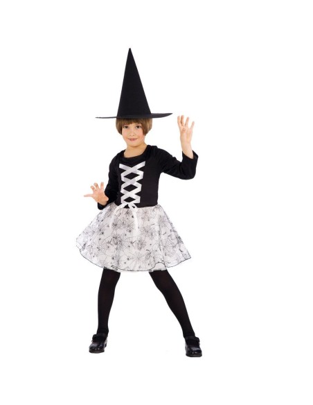 Costume strega bianca bambina con gonna stellata, corpetto nero e cappello a punta per Halloween