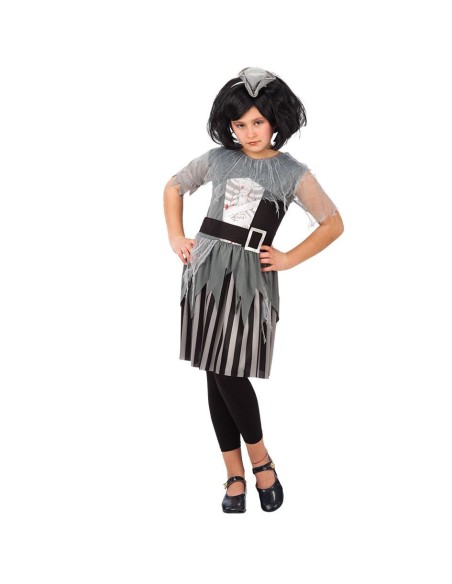 Costume zombie piratessa grigio bambina con abito strappato e cintura nera per Halloween