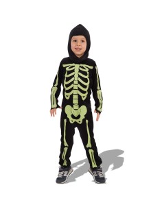 Costume scheletro verde fluorescente bambino con tuta nera e cappuccio per Halloween