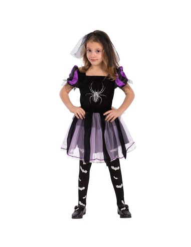 Bambina costume strega nero viola con ragno, gonna a balze e calze a righe per Halloween