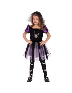 Costume strega bambina nero viola con ragno argentato gonna a strati calze pipistrello Halloween