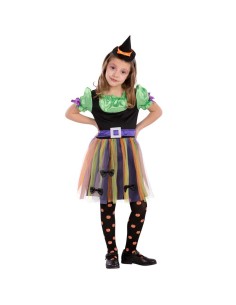 Costume strega bambina multicolor con vestito verde, gonna tutù arcobaleno e cappello nero per Halloween