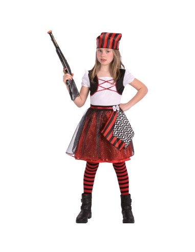 Costume piratessa bambina con gonna rossa nera corpetto bianco bandana righe e calze a strisce