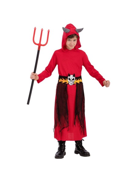 Costume diavolo rosso bambino con cappuccio corna mantello e tridente per Halloween