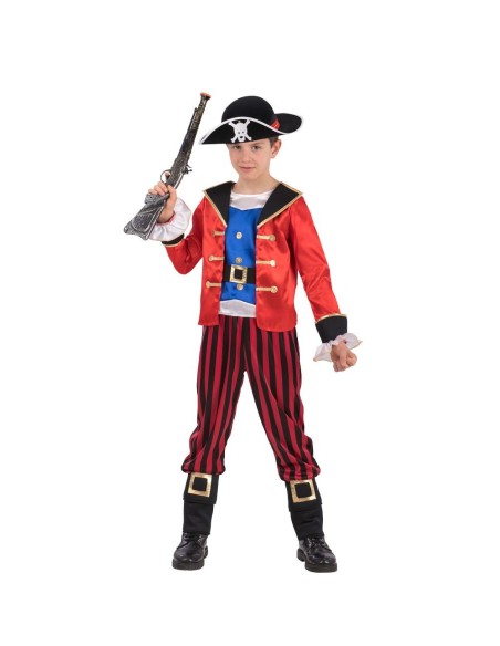 Costume corsaro bambino con giacca rossa, pantaloni rigati e cappello pirata con teschio
