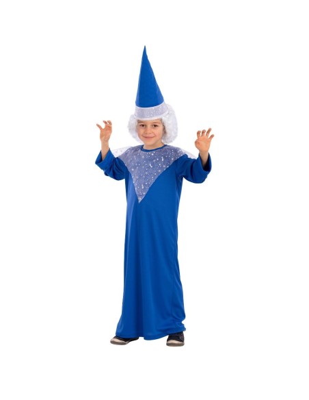 Costume da mago blu con cappello a cono e mantello stellato per bambino Halloween