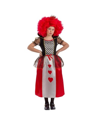 Costume Regina di Cuori bambina con abito scacchiera rosso bianco nero e parrucca riccia rossa Alice nel Paese Meraviglie