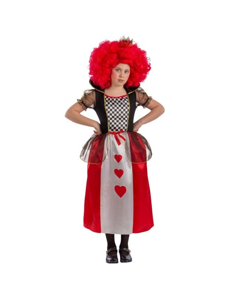 Costume Regina di Cuori bambina con abito scacchiera rosso bianco nero e parrucca riccia rossa Alice nel Paese Meraviglie