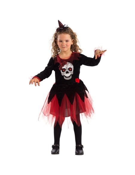 Bambina con costume scheletrina nero e tutù rosso, cappellino e teschio sulla maglia per Halloween
