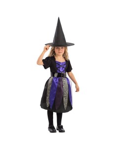 Bambina con costume streghetta viola e nero con cappello a punta per Halloween