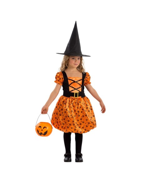 Costume streghetta bambina arancione e nero con cappello punta e cestino Halloween