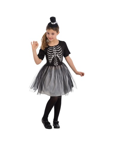 Costume streghetta scheletro bambina nero con gonna tulle grigia e stampa ossa Halloween