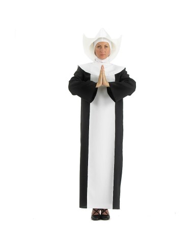 Costume da suora nero con abito lungo, pettorina bianca e copricapo tradizionale per feste a tema