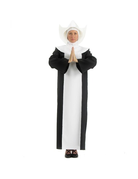 Costume da suora nero con abito lungo, pettorina bianca e copricapo tradizionale per feste a tema