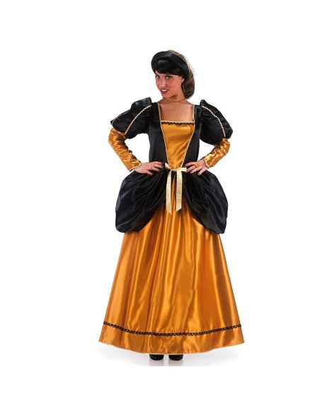 Costume rinascimentale donna nero oro con corpetto maniche sbuffo gonna lunga