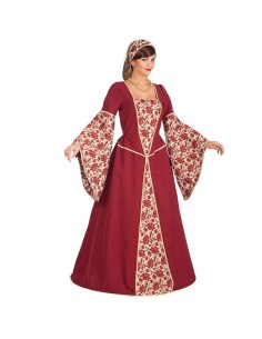 Costume medievale donna bordeaux con maniche ampie e decorazioni floreali dorate per feste a tema storico