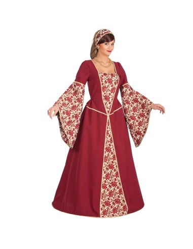 Costume medievale donna bordeaux con maniche ampie e decorazioni floreali dorate per feste a tema storico