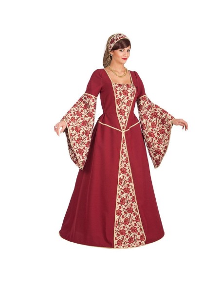 Costume medievale donna bordeaux con maniche ampie e decorazioni floreali dorate per feste a tema storico