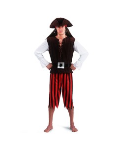 Costume da pirata completo con camicia bianca, gilet nero, pantaloni rigati e cappello tricorno per uomo