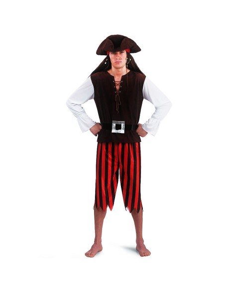 Costume da pirata completo con camicia bianca, gilet nero, pantaloni rigati e cappello tricorno per uomo