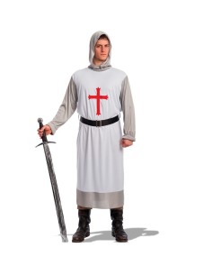 Costume da crociato medievale con tunica bianca croce rossa cappuccio e cintura nera per uomo