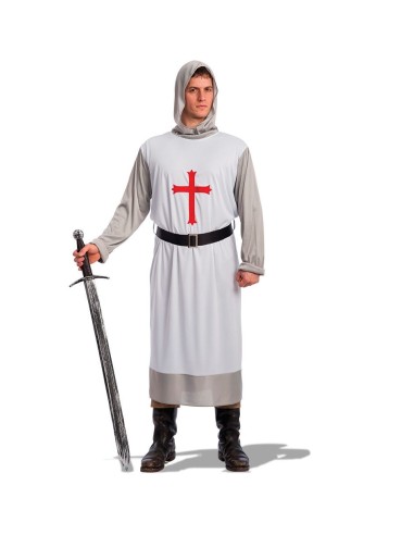 Costume da crociato medievale con tunica bianca croce rossa cappuccio e cintura nera per uomo