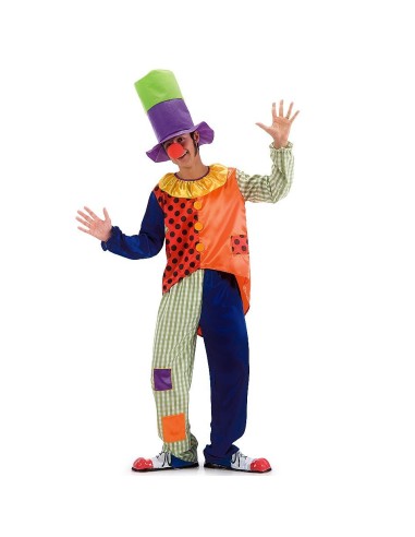 Costume clown colorato con cappello cilindro verde viola e abiti multicolore per carnevale