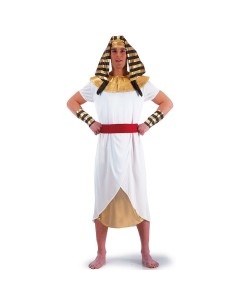 Costume da faraone egiziano con tunica bianca, copricapo nemes dorato e collare per feste a tema