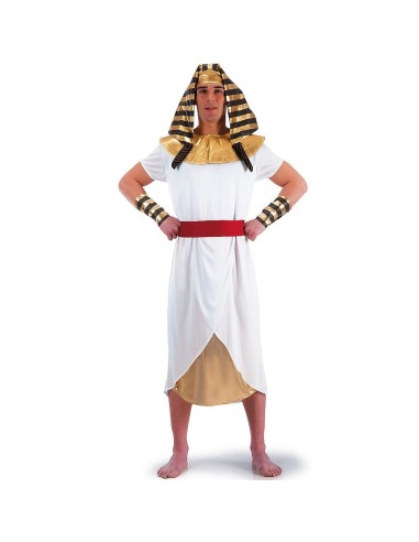 Costume da faraone egiziano con tunica bianca, copricapo nemes dorato e collare per feste a tema