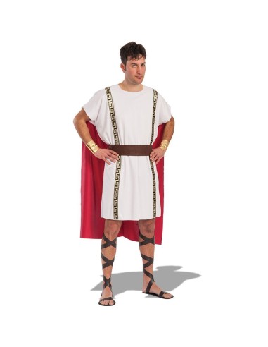 Costume romano da centurione con tunica bianca, mantello rosso e cintura marrone per feste a tema